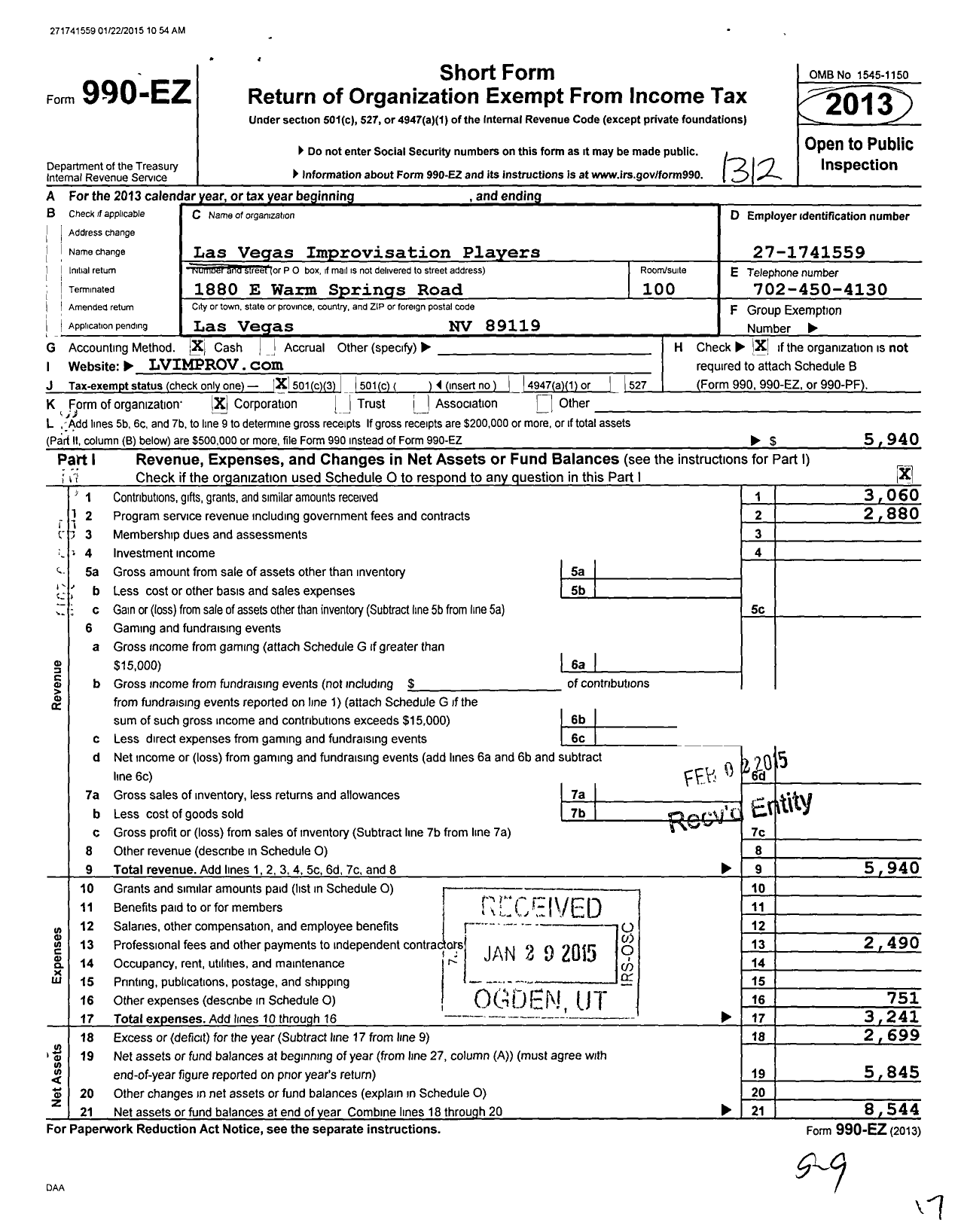 Image of first page of 2013 Form 990EZ for Las Vegas Improvisation Players