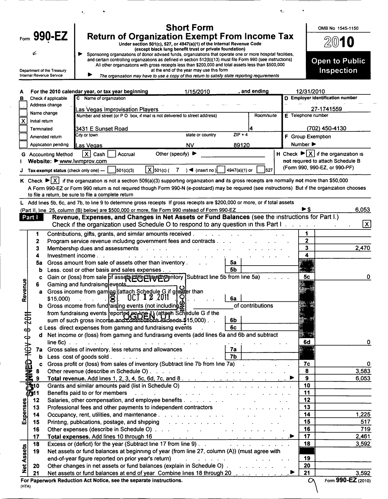 Image of first page of 2010 Form 990EO for Las Vegas Improvisation Players