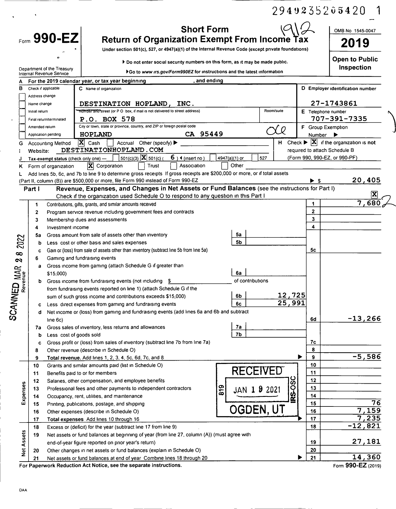 Image of first page of 2019 Form 990EO for Destination Hopland Incorporated