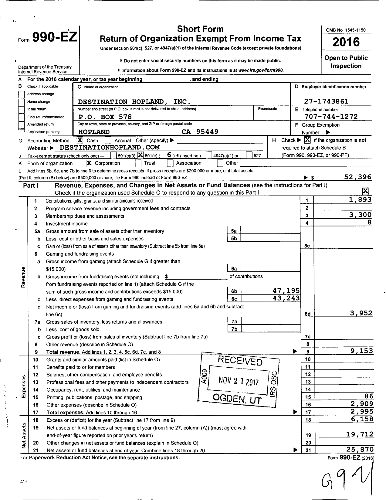 Image of first page of 2016 Form 990EO for Destination Hopland Incorporated