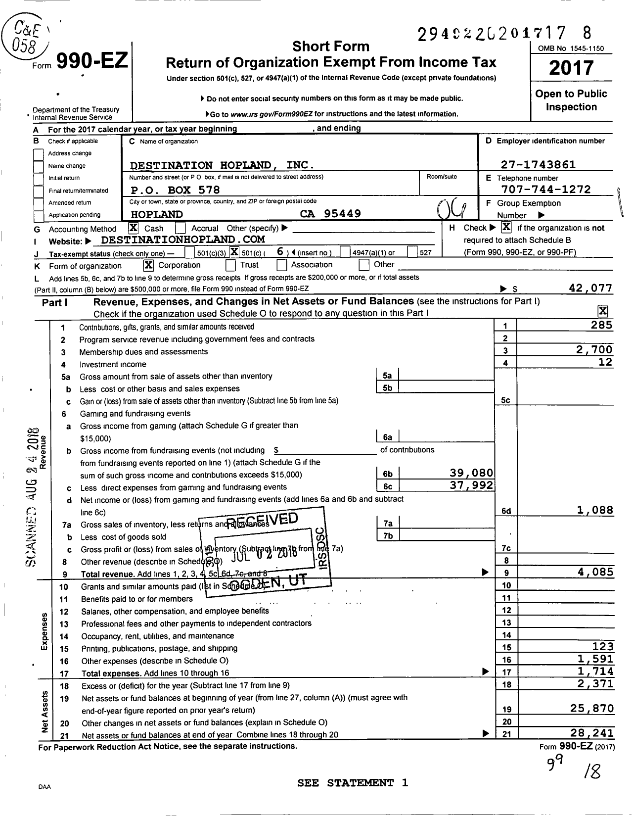 Image of first page of 2017 Form 990EO for Destination Hopland Incorporated