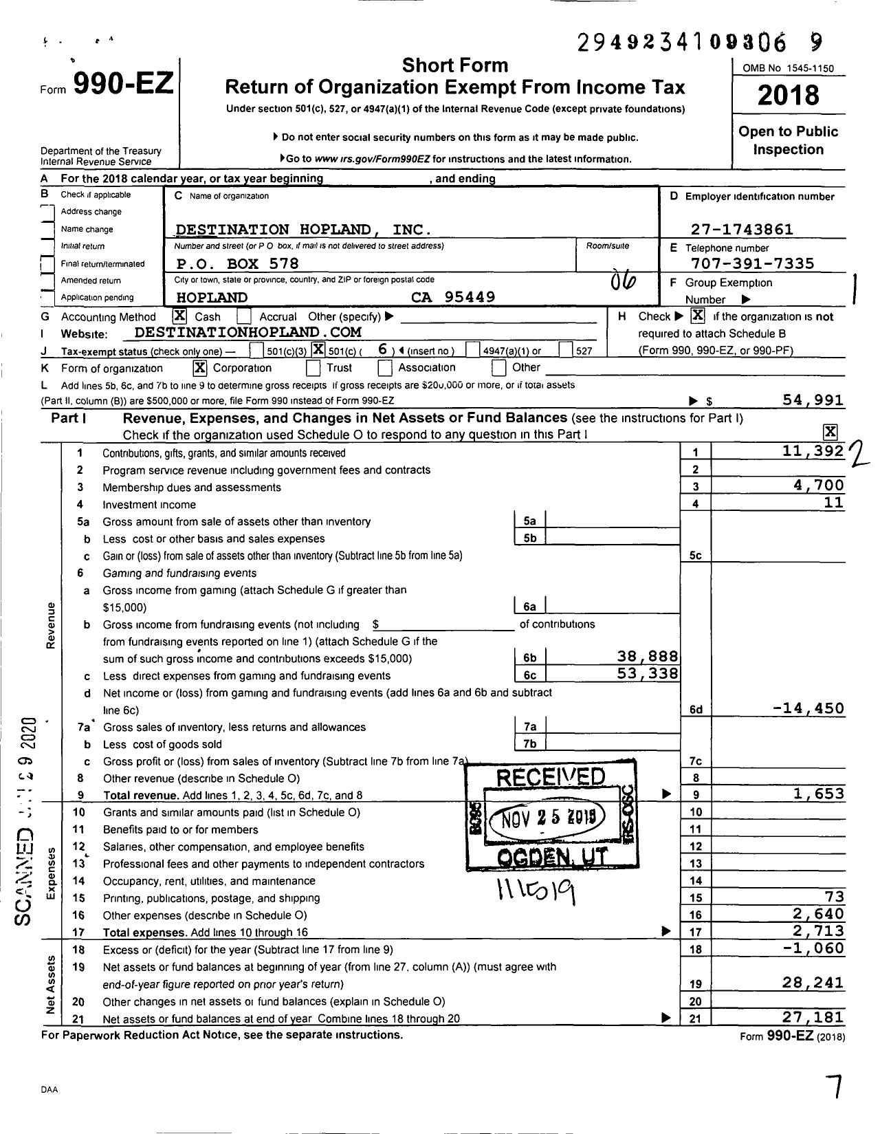 Image of first page of 2018 Form 990EO for Destination Hopland Incorporated