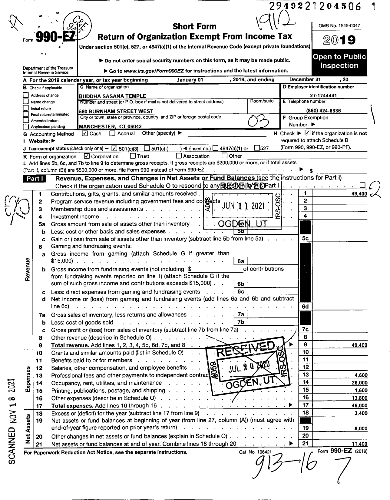 Image of first page of 2019 Form 990EZ for Buddha Sasana Temple