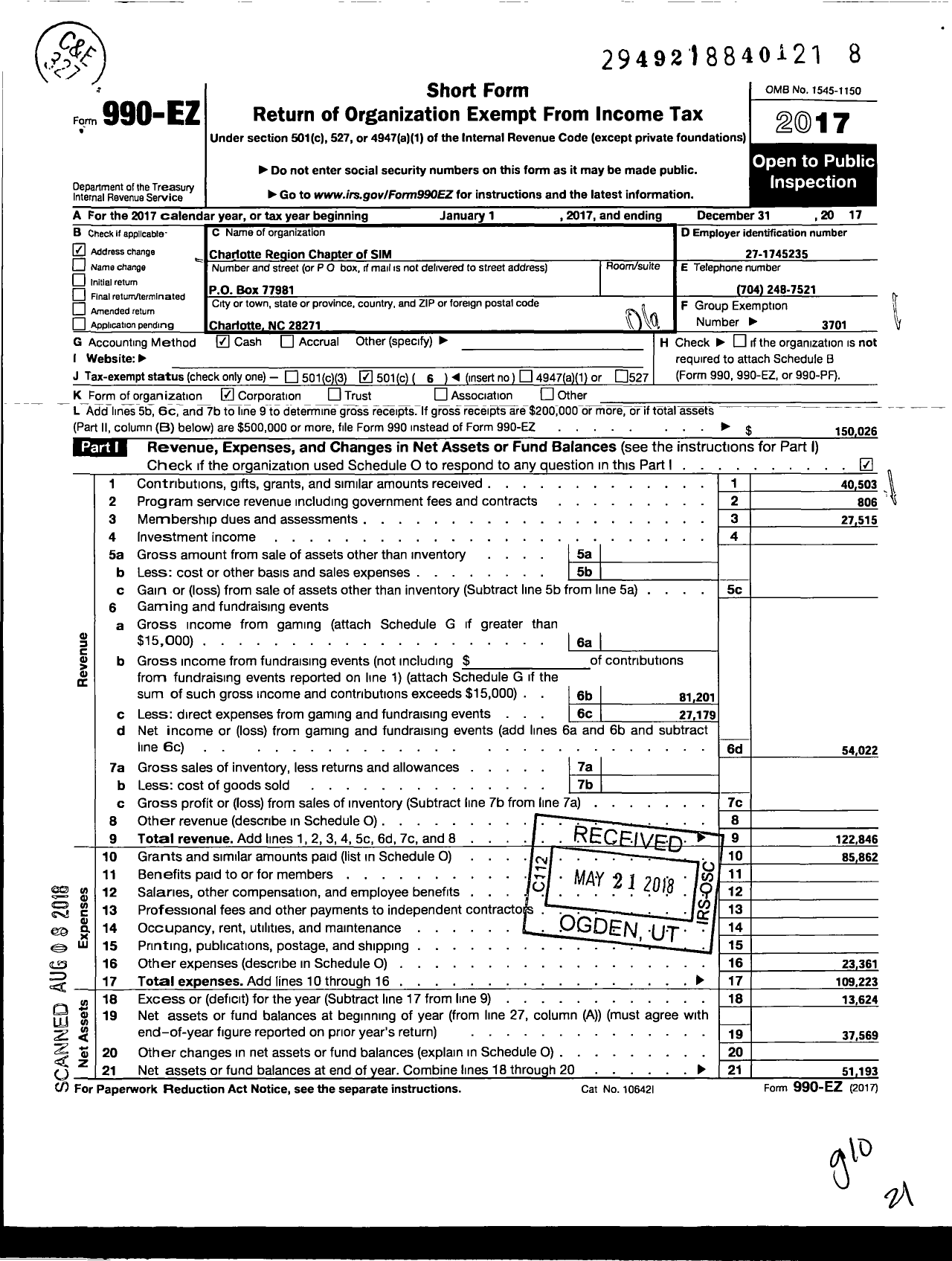 Image of first page of 2017 Form 990EO for Charlotte Region Chapter of SIM