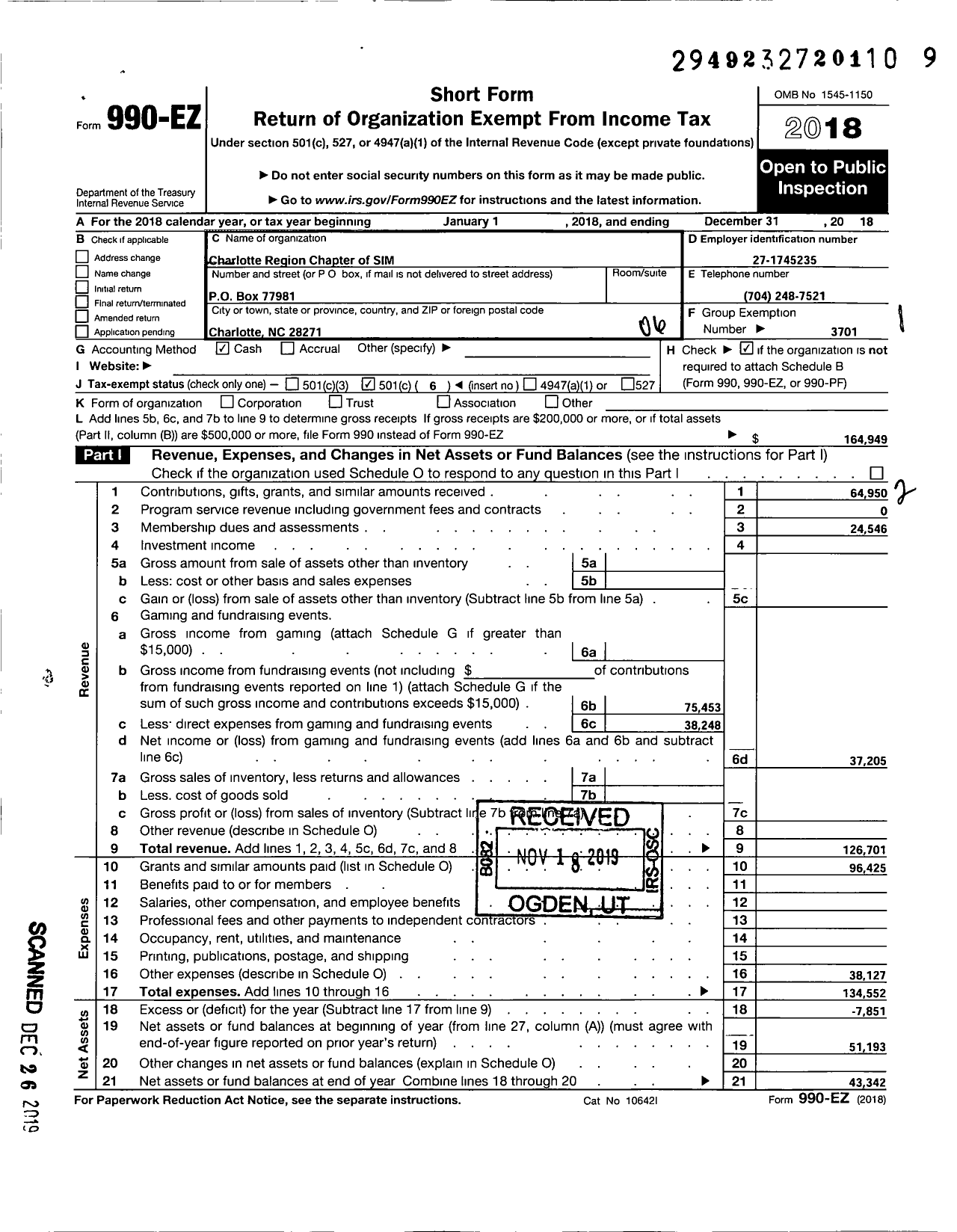 Image of first page of 2018 Form 990EO for Charlotte Region Chapter of SIM