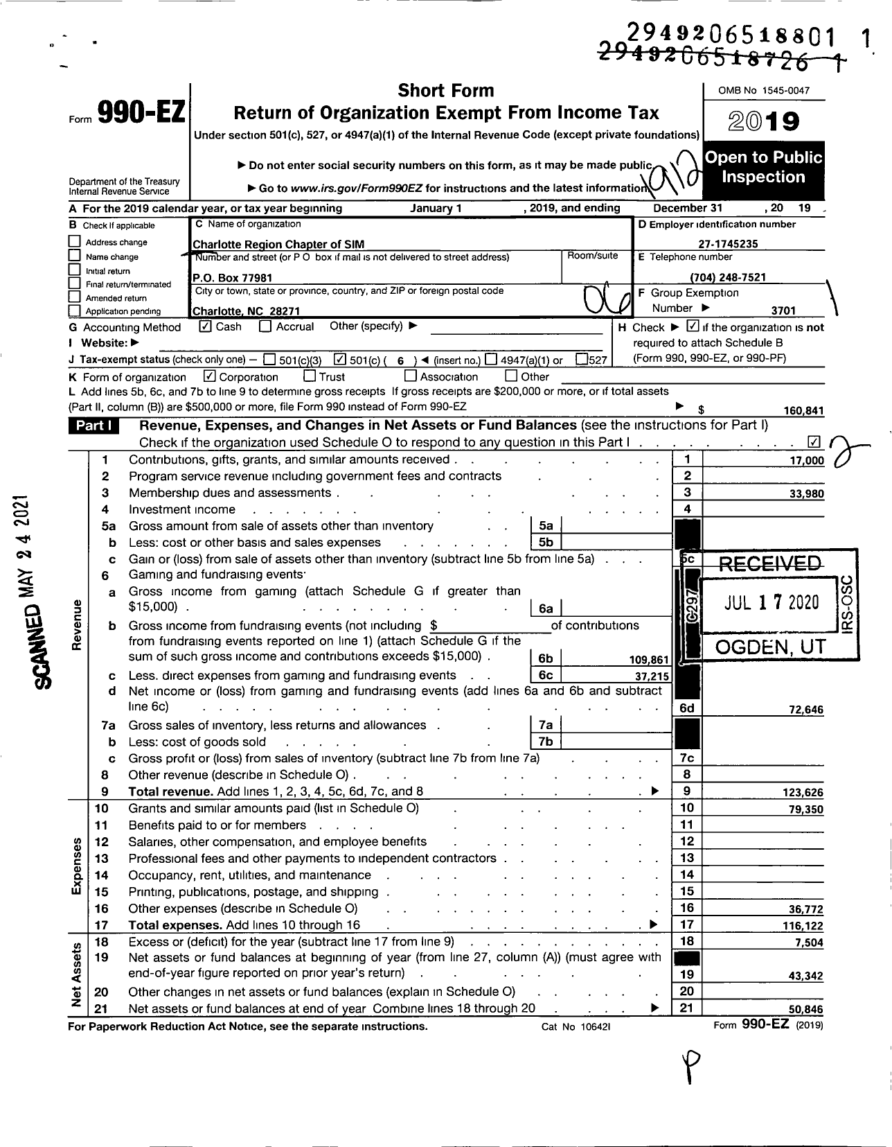 Image of first page of 2019 Form 990EO for Charlotte Region Chapter of SIM