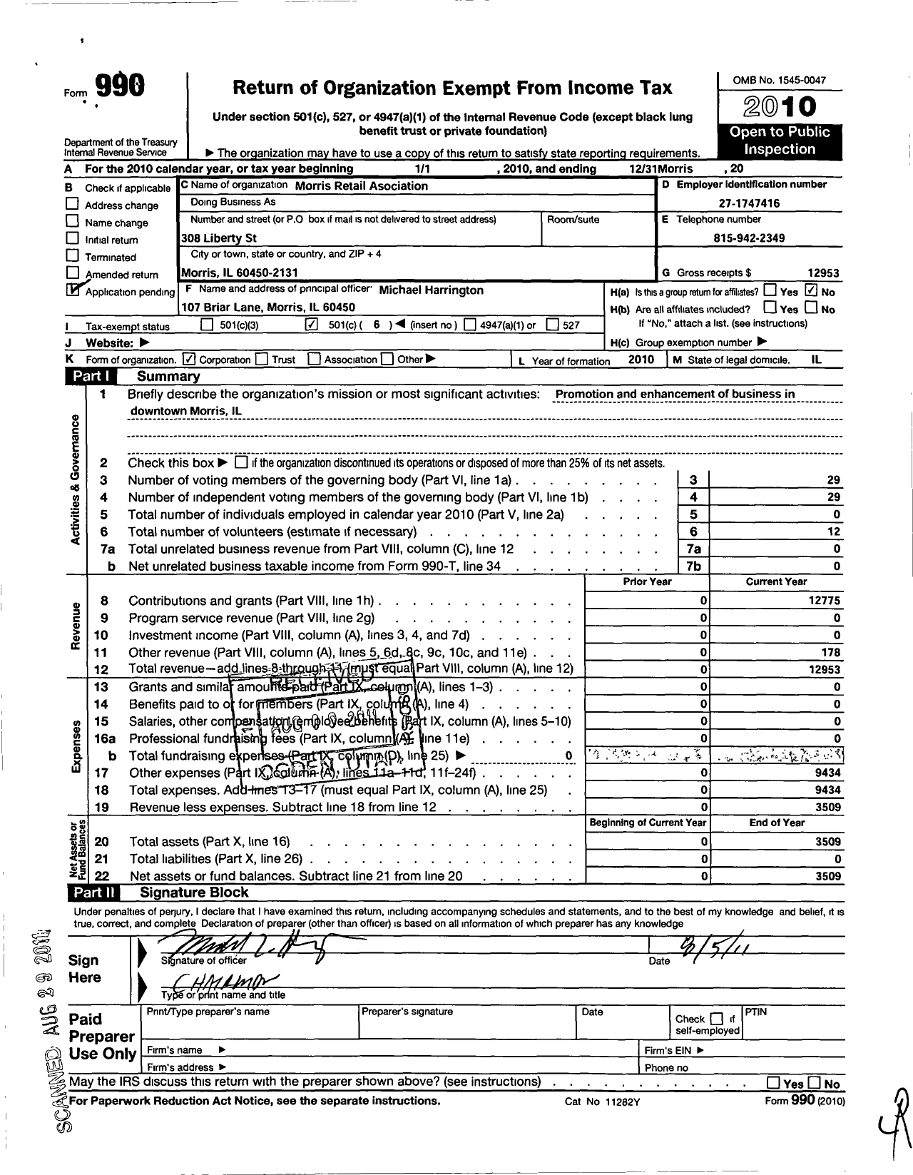 Image of first page of 2010 Form 990O for Morris Retail Associatin NFP