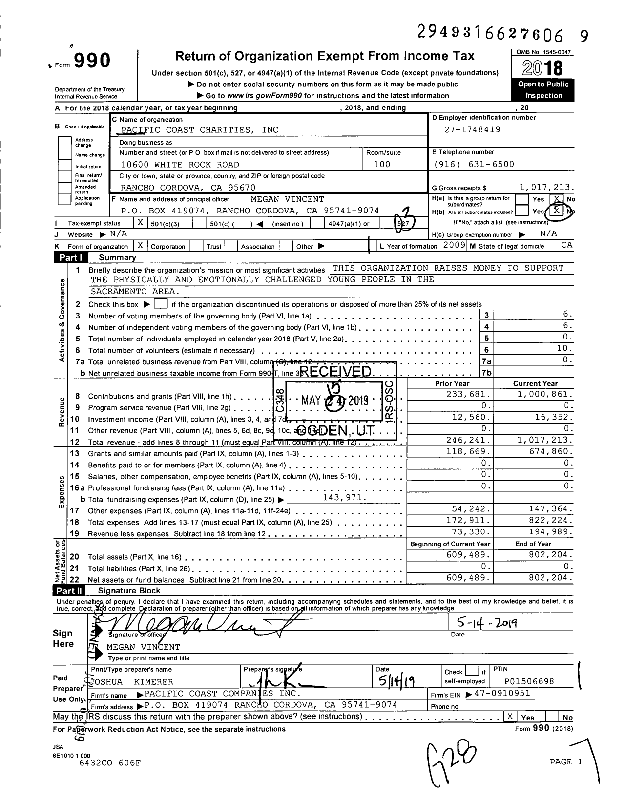 Image of first page of 2018 Form 990 for Pacific Coast Charities