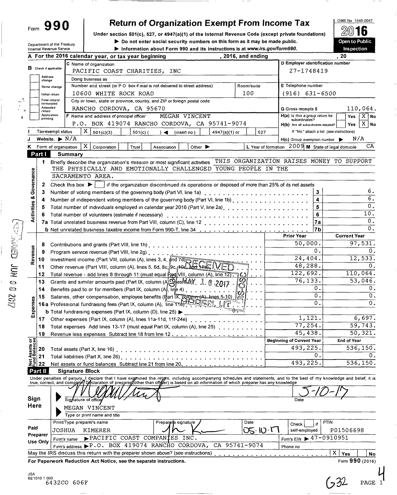Image of first page of 2016 Form 990 for Pacific Coast Charities