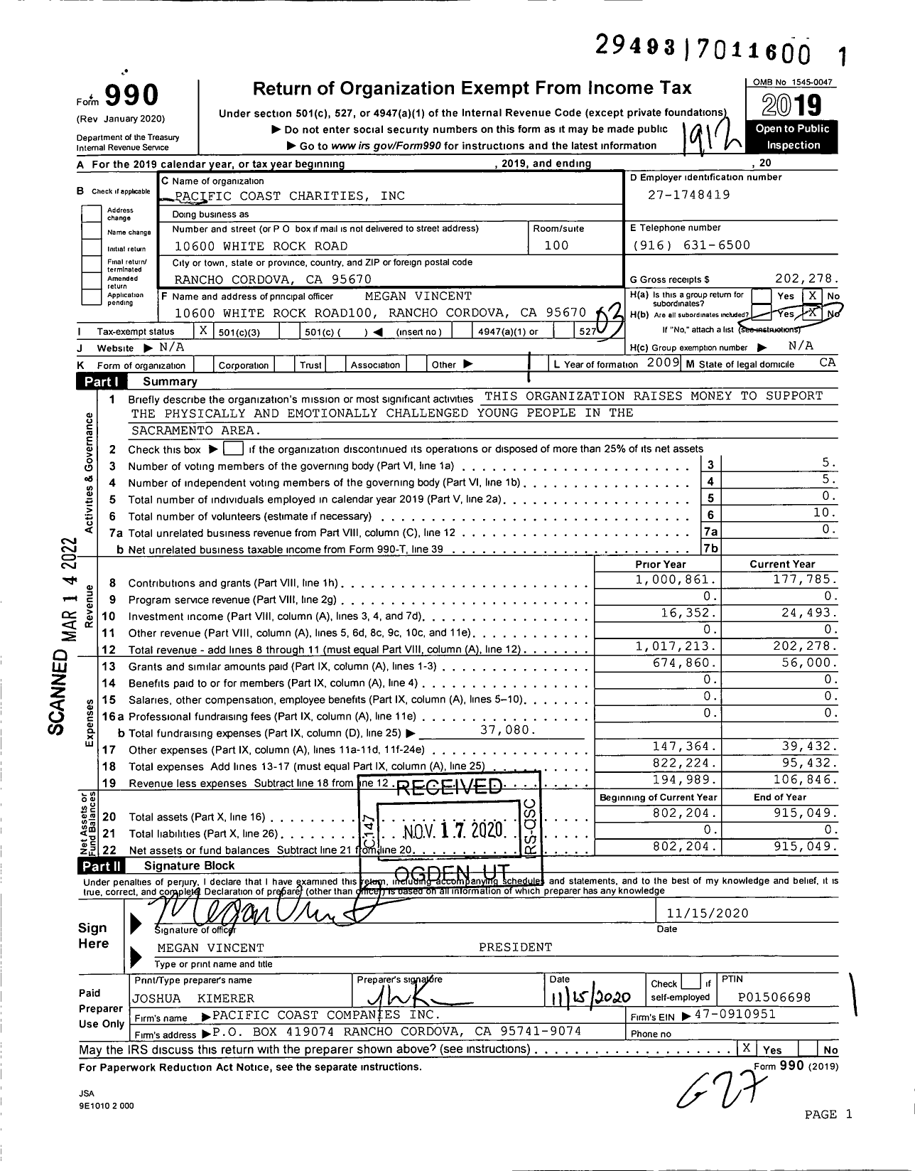 Image of first page of 2019 Form 990 for Pacific Coast Charities