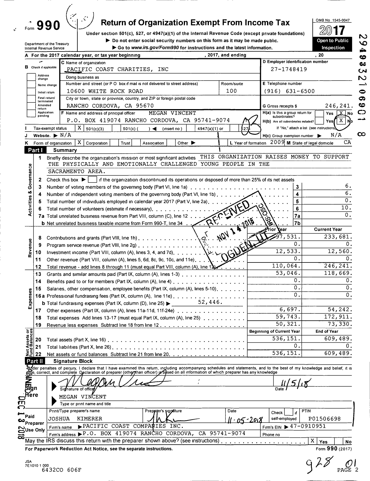 Image of first page of 2017 Form 990 for Pacific Coast Charities
