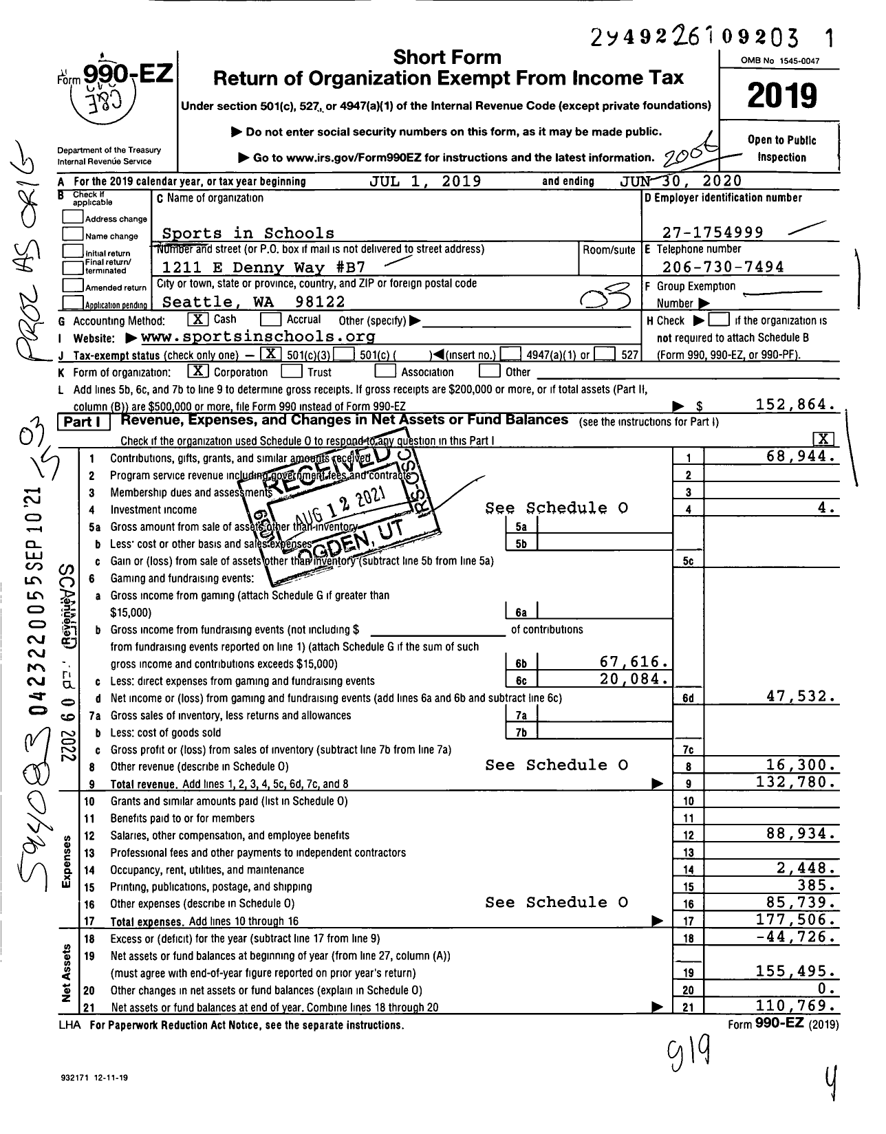 Image of first page of 2019 Form 990EZ for Sports in Schools