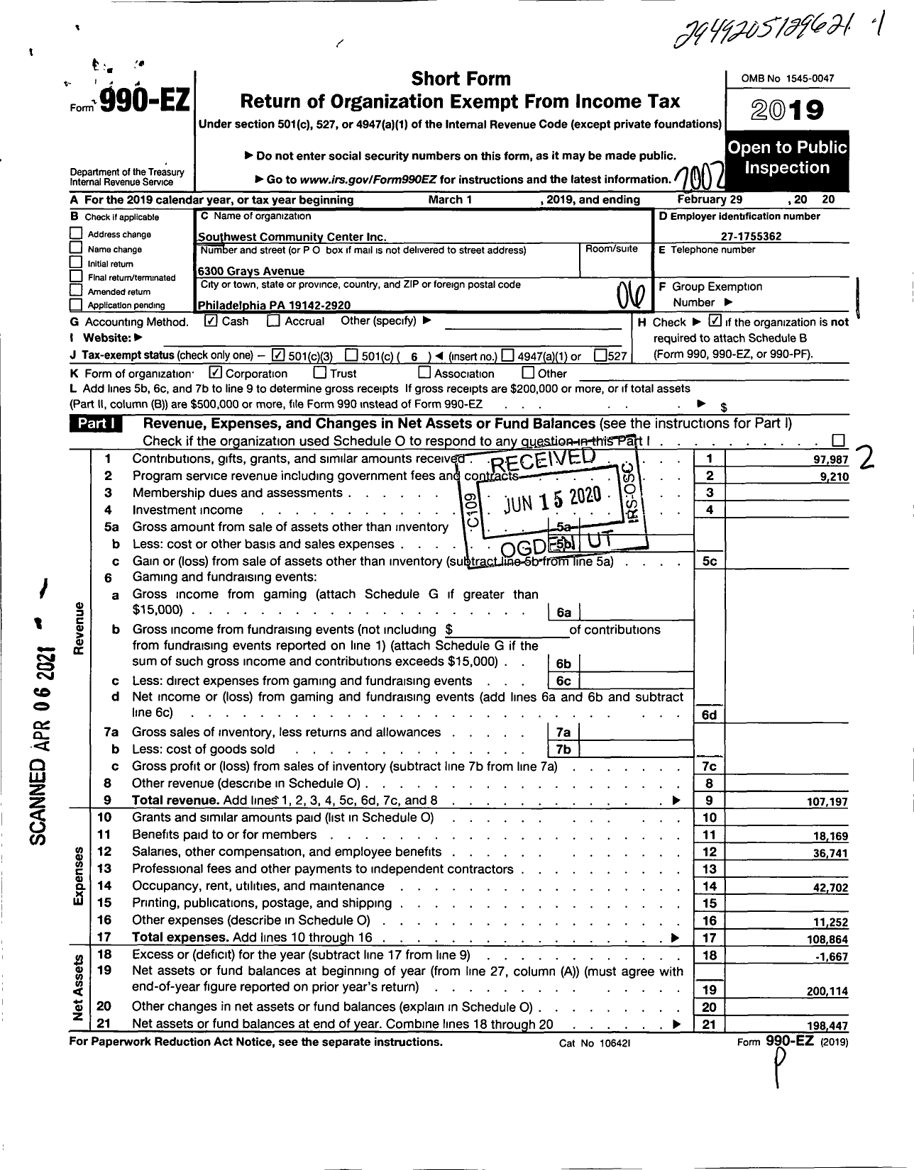 Image of first page of 2019 Form 990EO for Southwest Community Center