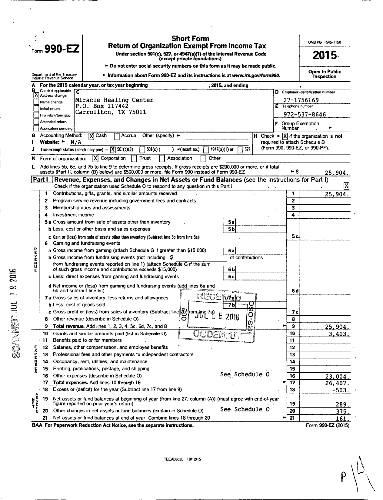 Image of first page of 2015 Form 990EZ for Sean Pinder Ministries