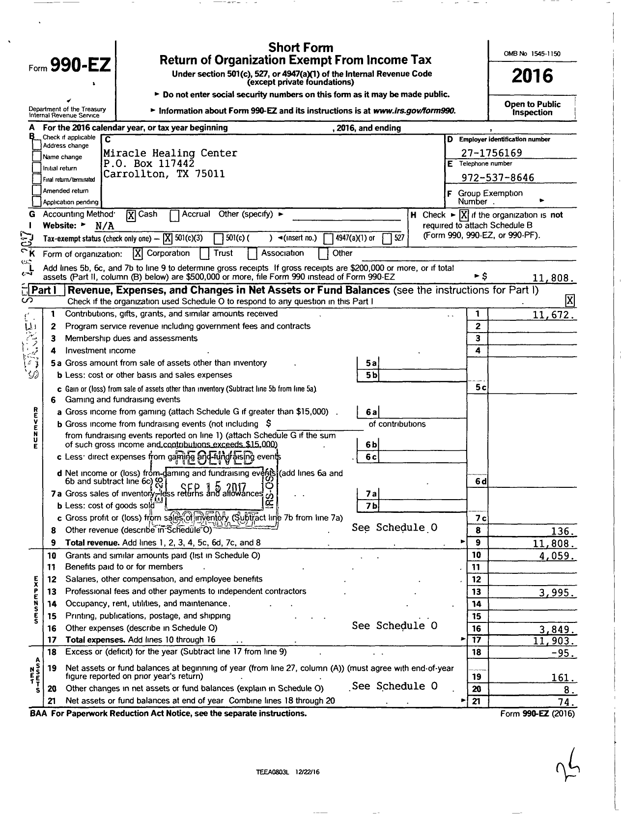 Image of first page of 2016 Form 990EZ for Sean Pinder Ministries