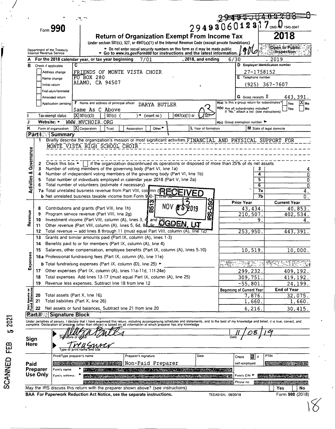 Image of first page of 2018 Form 990 for Friends of Monte Vista Choir