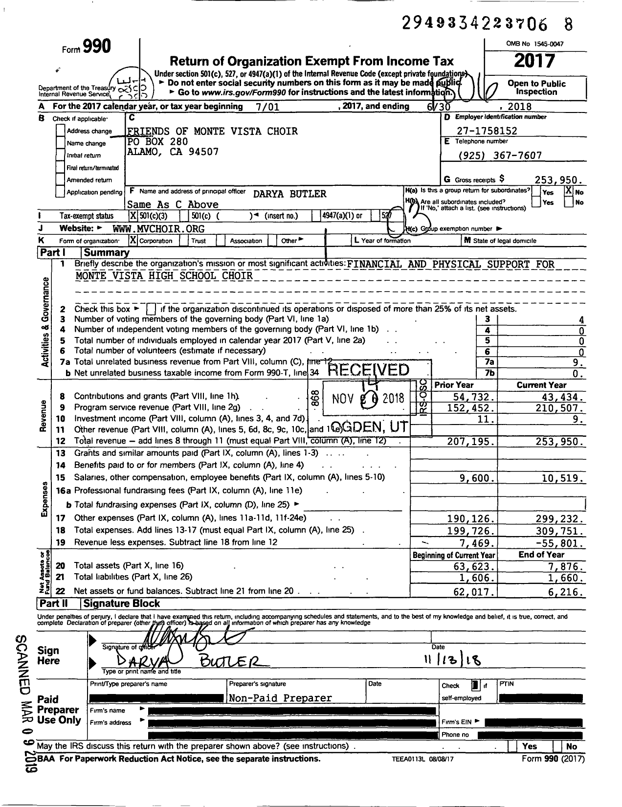 Image of first page of 2017 Form 990 for Friends of Monte Vista Choir