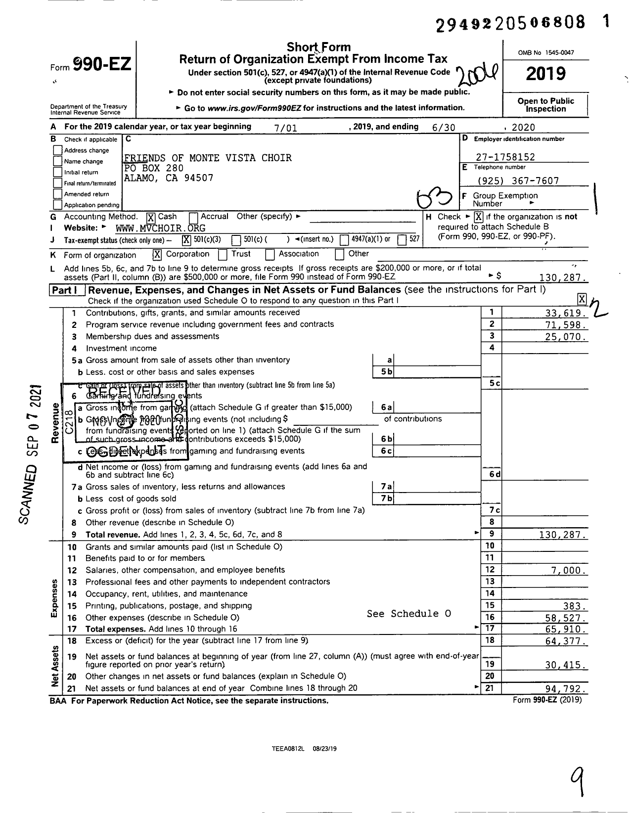 Image of first page of 2019 Form 990EZ for Friends of Monte Vista Choir