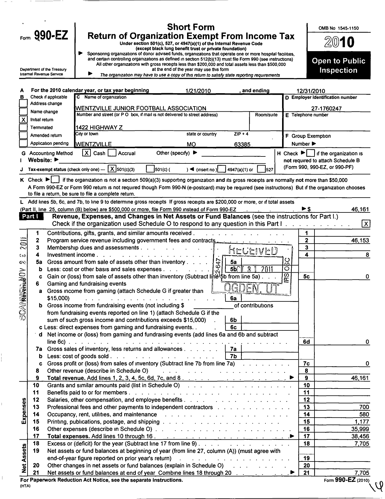 Image of first page of 2010 Form 990EZ for Wentzville Junior Athletics Association