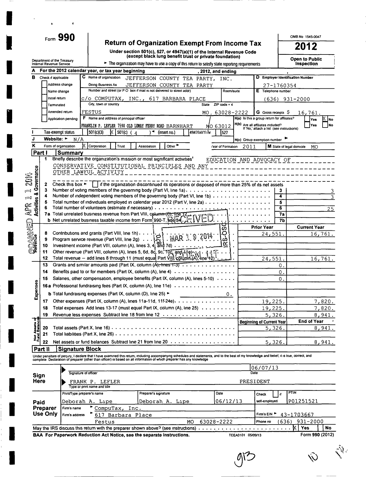 Image of first page of 2012 Form 990O for Jefferson County Tea Party