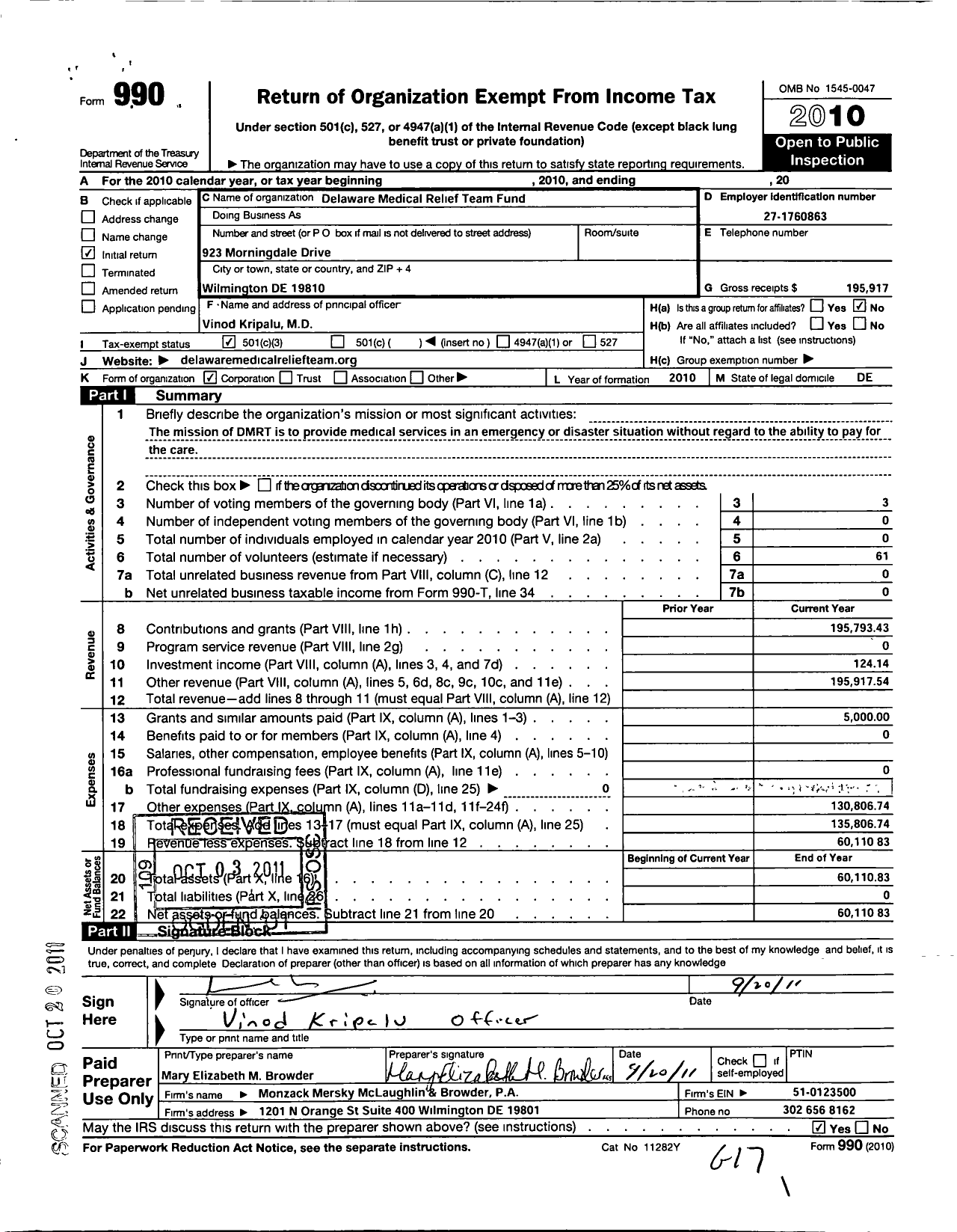 Image of first page of 2010 Form 990 for Delaware Medical Relief Team