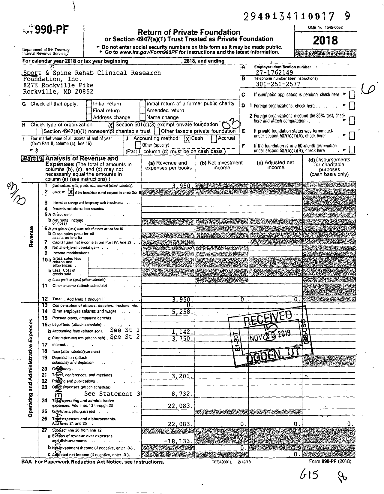 Image of first page of 2018 Form 990PF for Sport and Spine Rehab Clinical Research Foundation