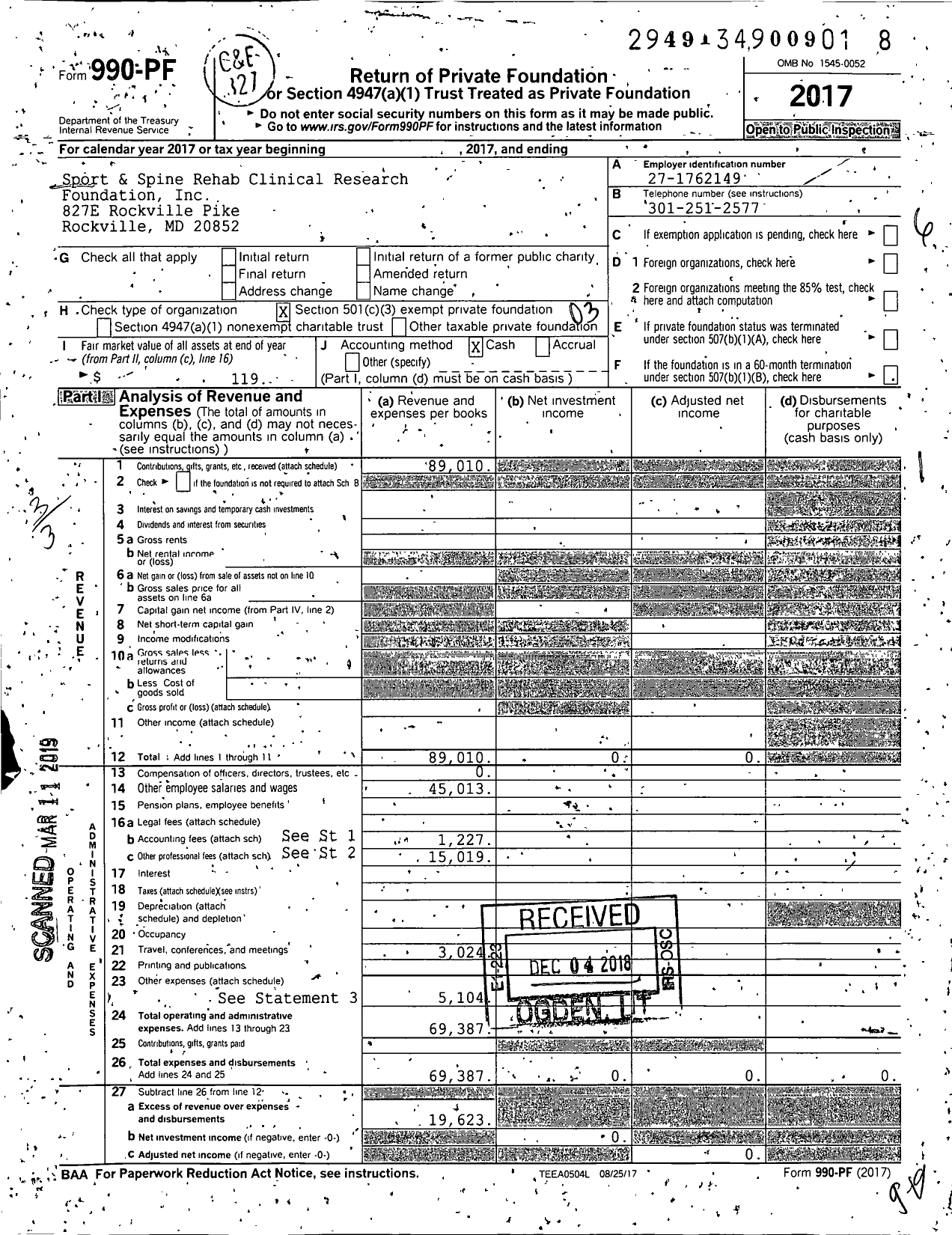 Image of first page of 2017 Form 990PF for Sport and Spine Rehab Clinical Research Foundation