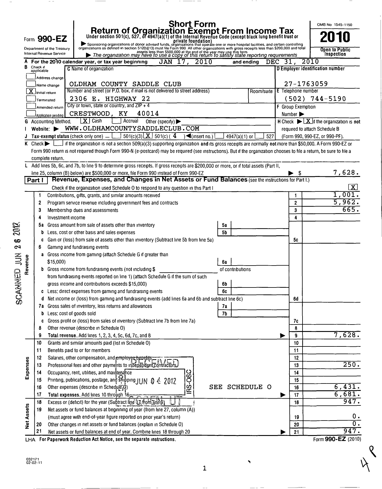 Image of first page of 2010 Form 990EO for Oldham County Saddle Club