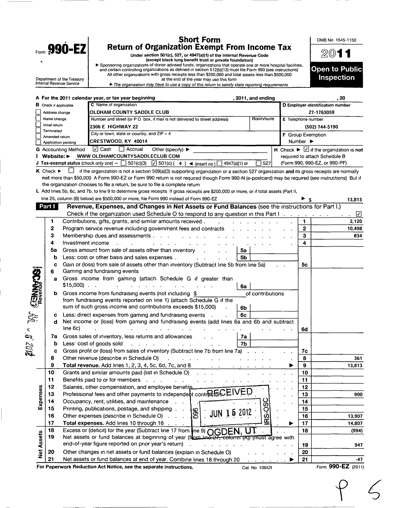 Image of first page of 2011 Form 990EO for Oldham County Saddle Club