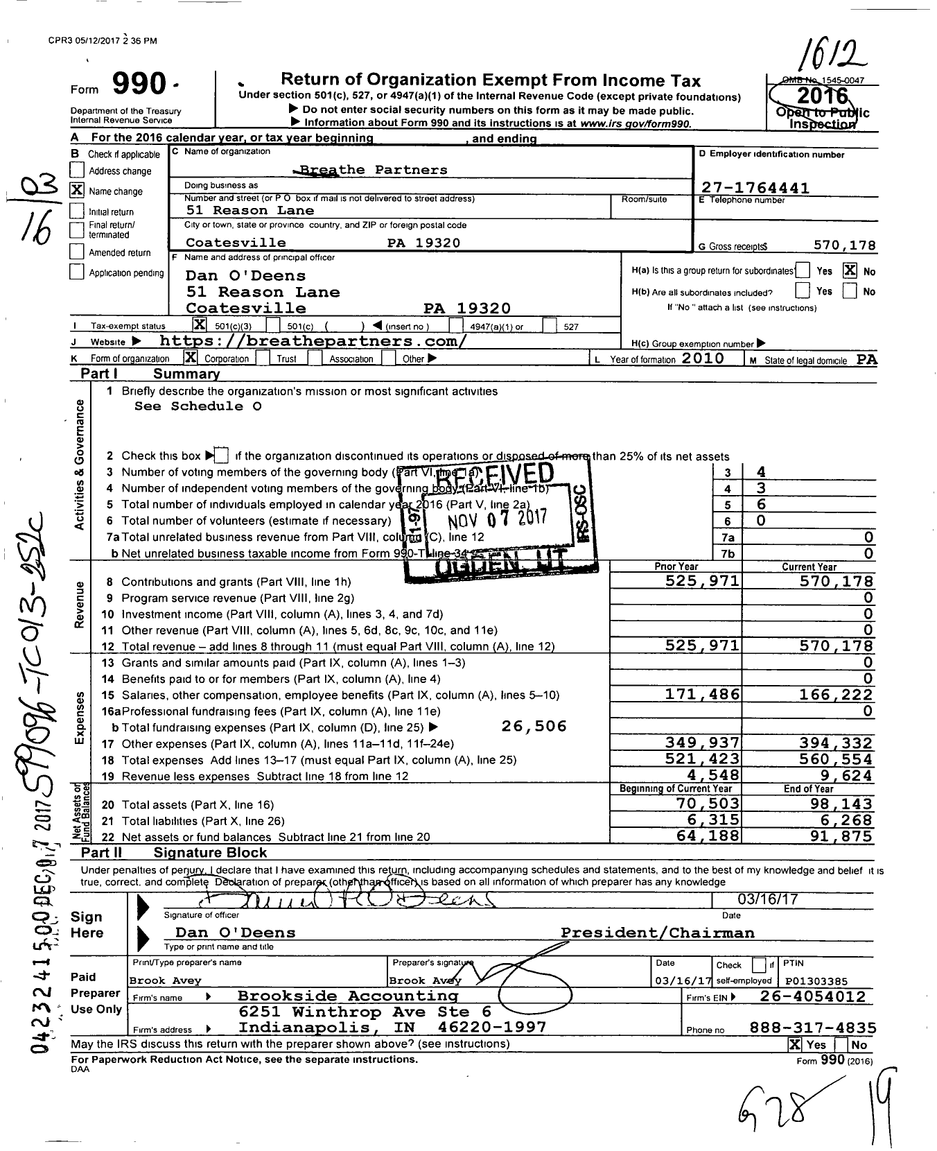 Image of first page of 2016 Form 990 for Breathe Partners