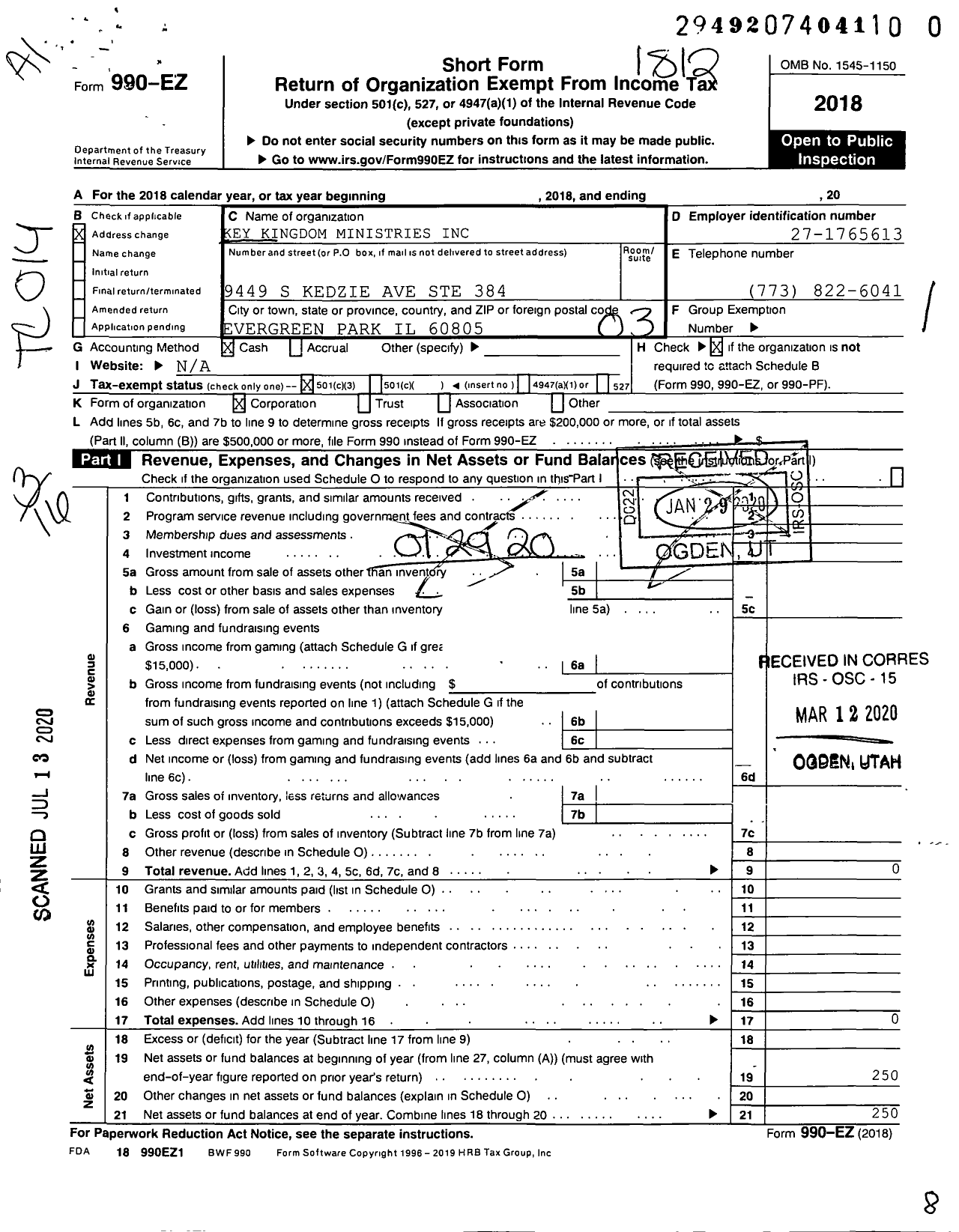 Image of first page of 2018 Form 990EZ for Key Kingdom Ministries