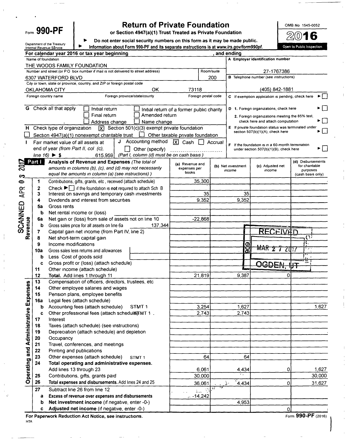 Image of first page of 2016 Form 990PF for The Woods Family Foundation