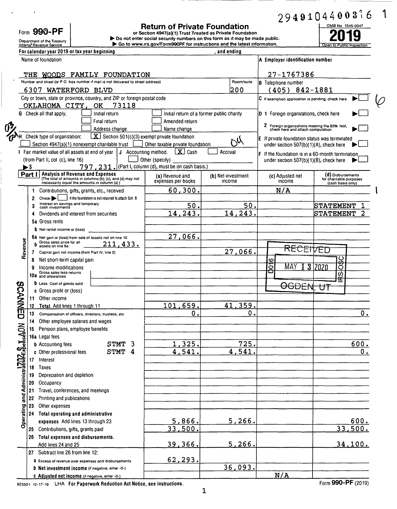 Image of first page of 2019 Form 990PF for The Woods Family Foundation