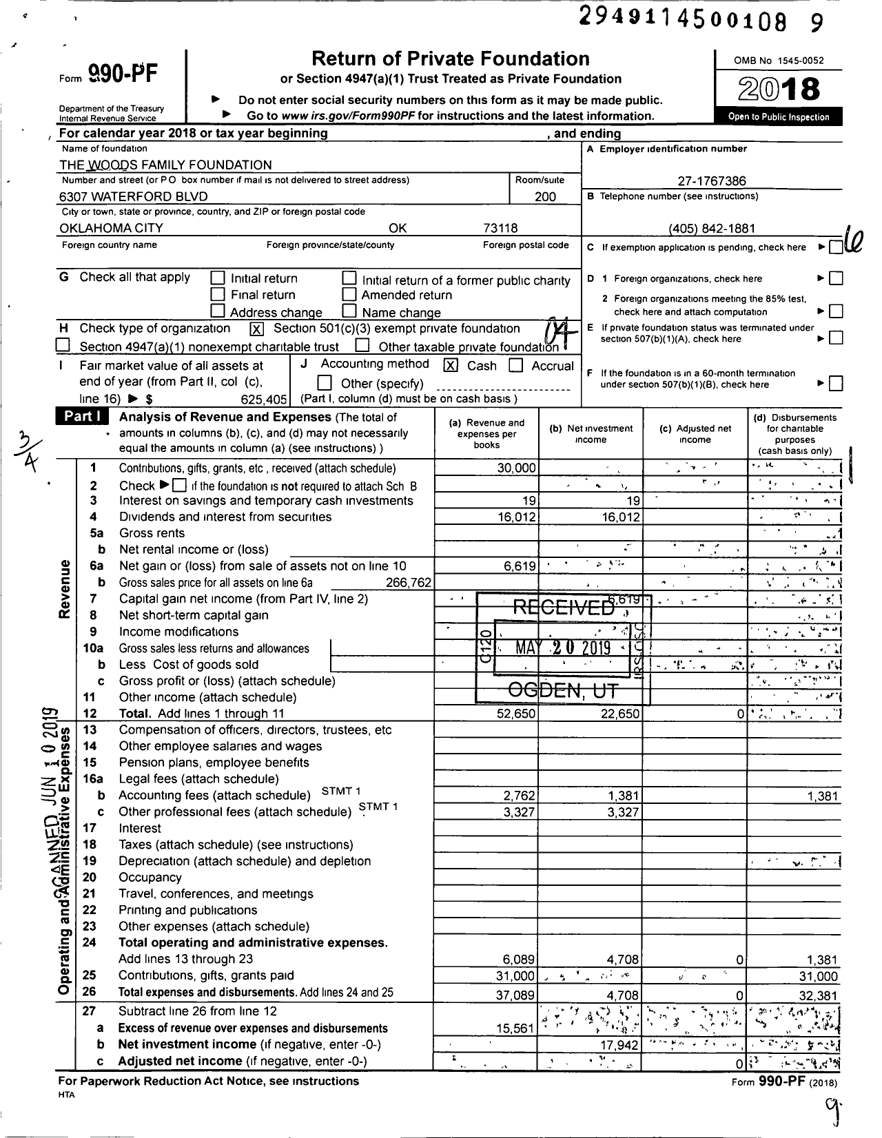 Image of first page of 2018 Form 990PF for The Woods Family Foundation