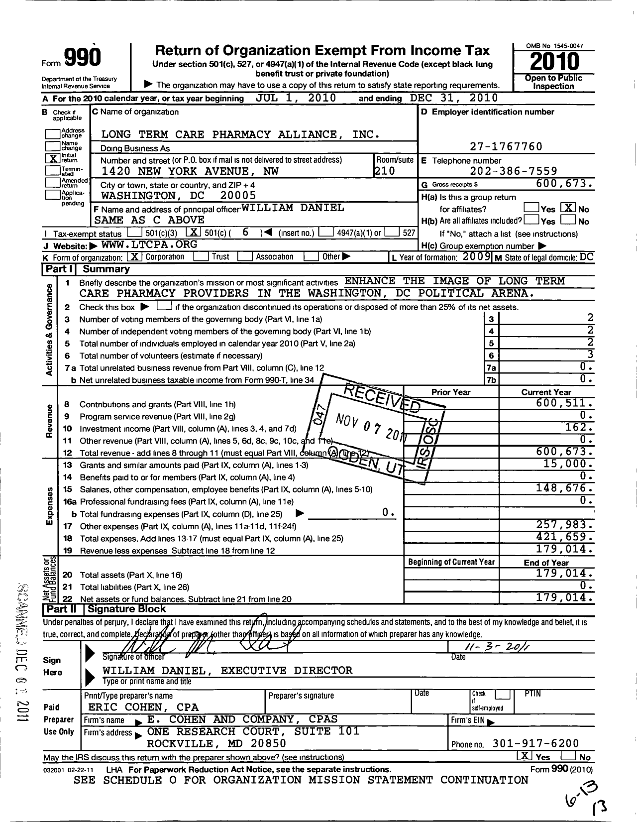 Image of first page of 2010 Form 990O for Long Term Care Pharmacy Alliance