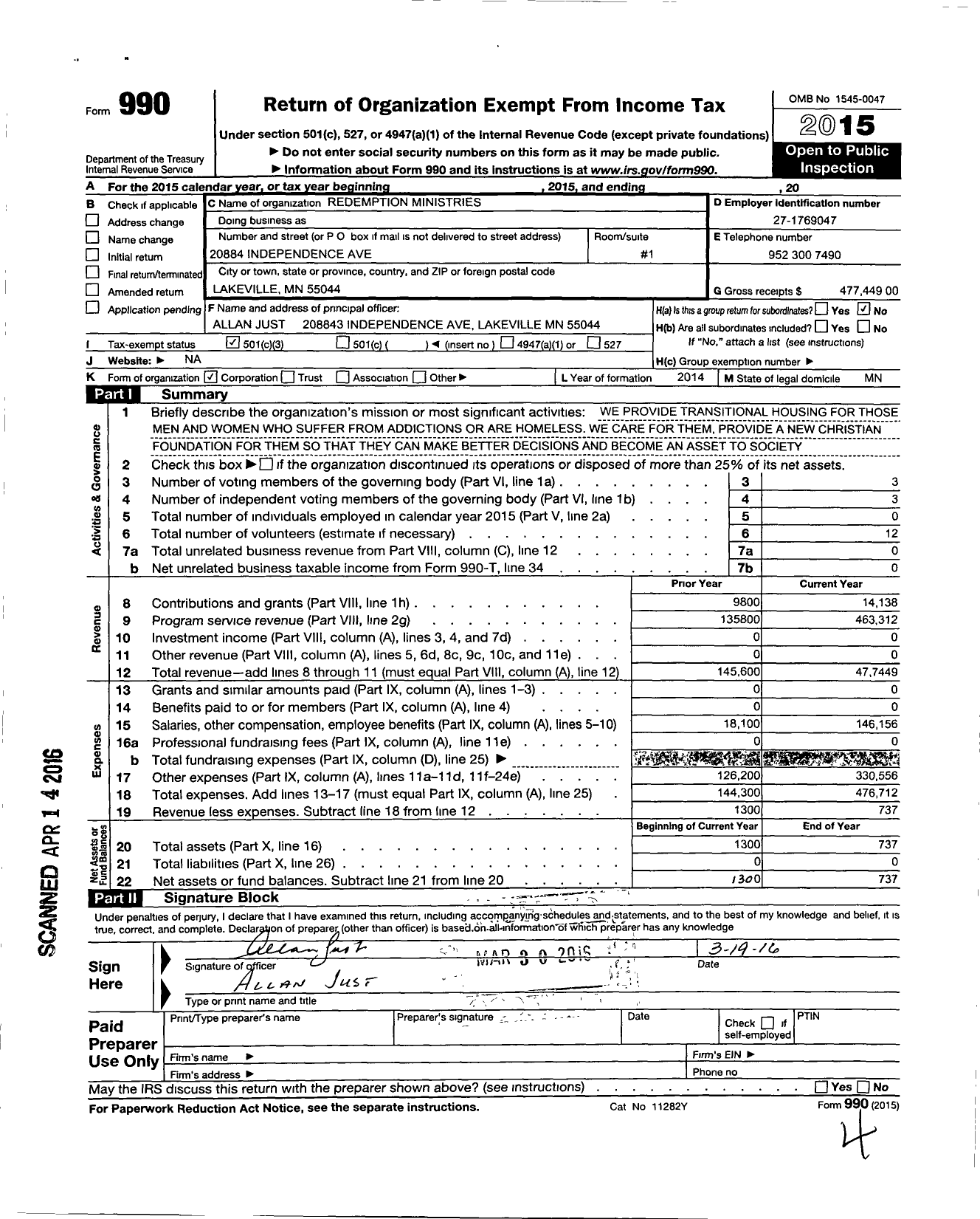 Image of first page of 2015 Form 990 for Redemption Ministries