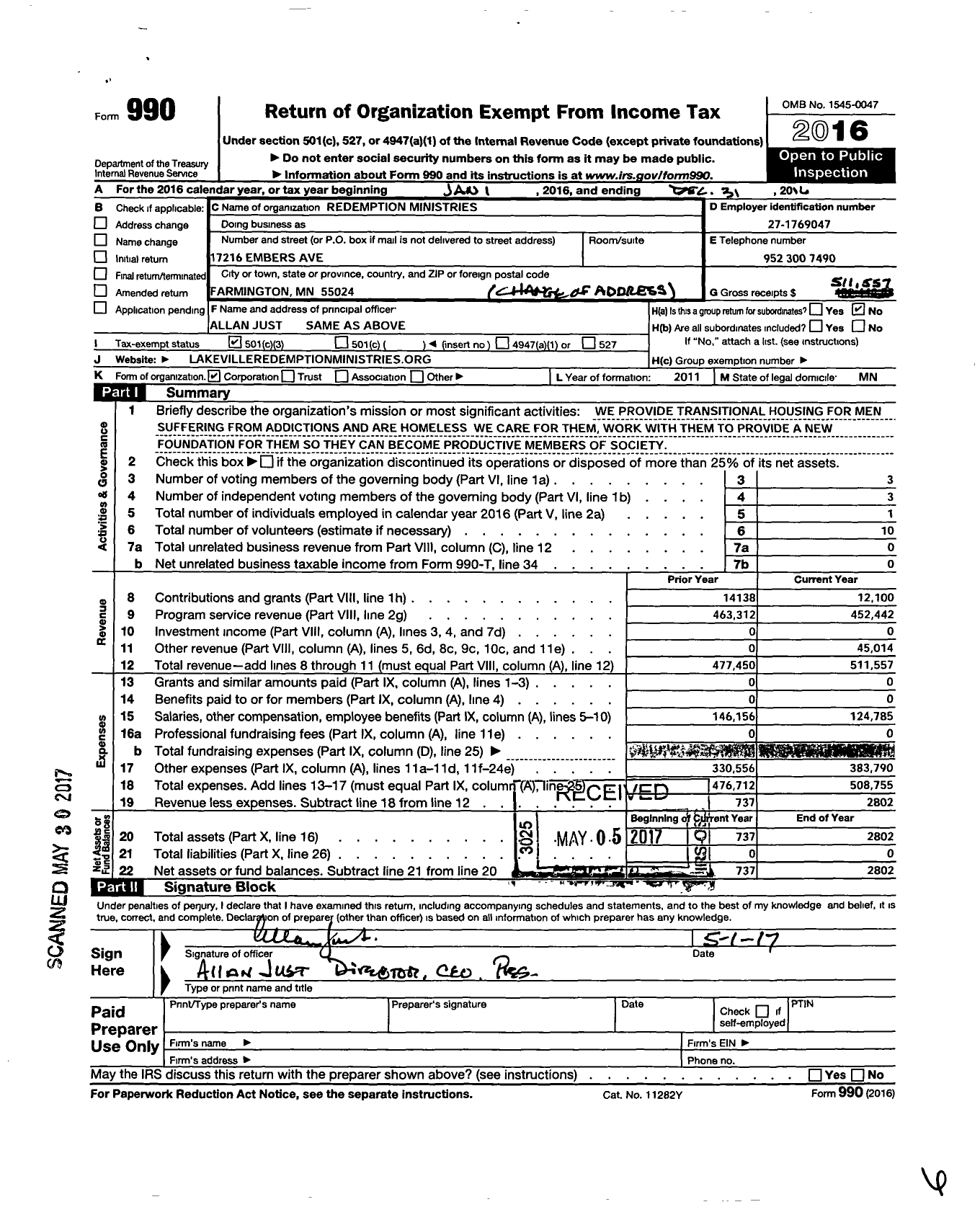 Image of first page of 2016 Form 990 for Redemption Ministries