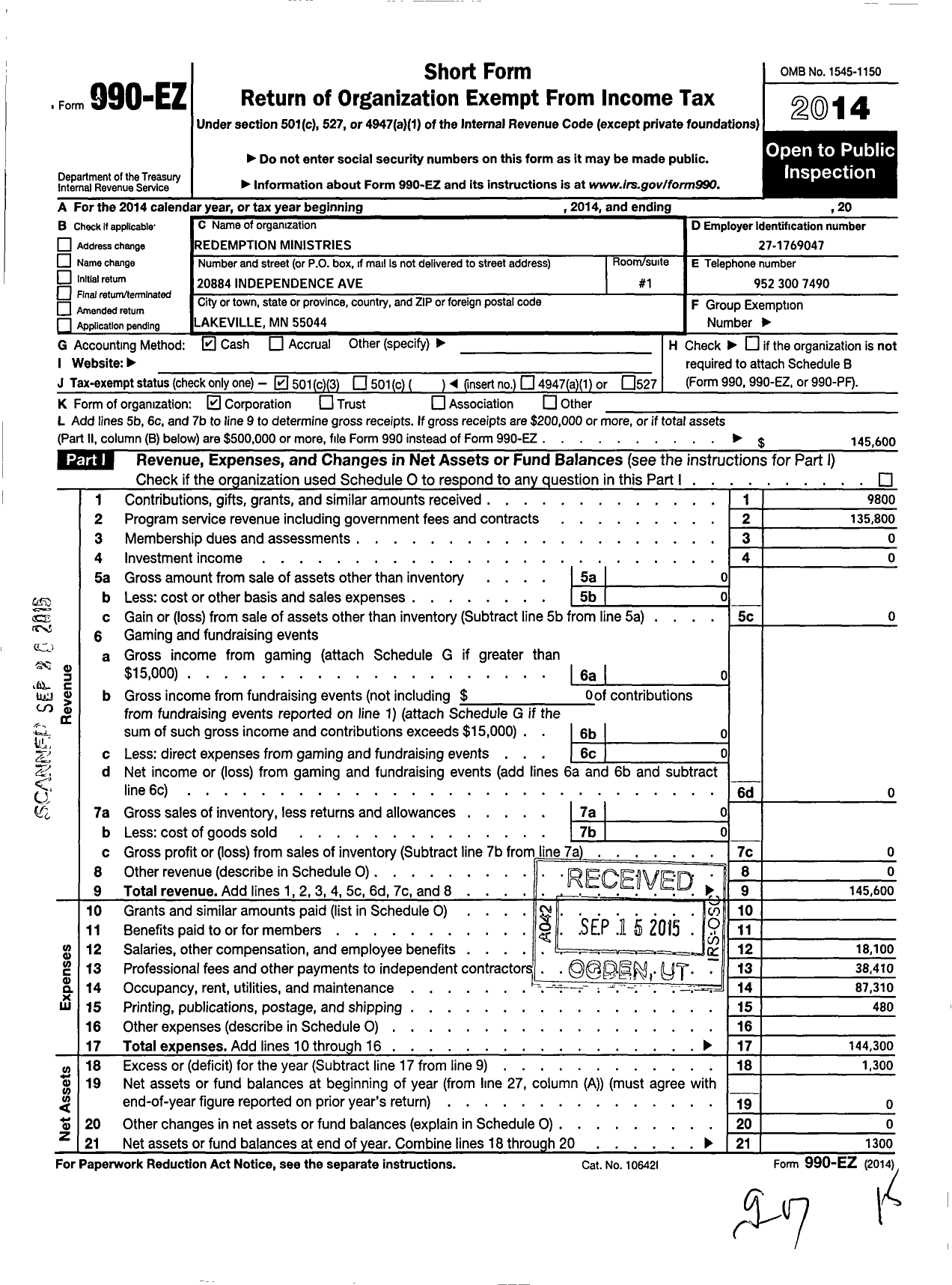 Image of first page of 2014 Form 990EZ for Redemption Ministries