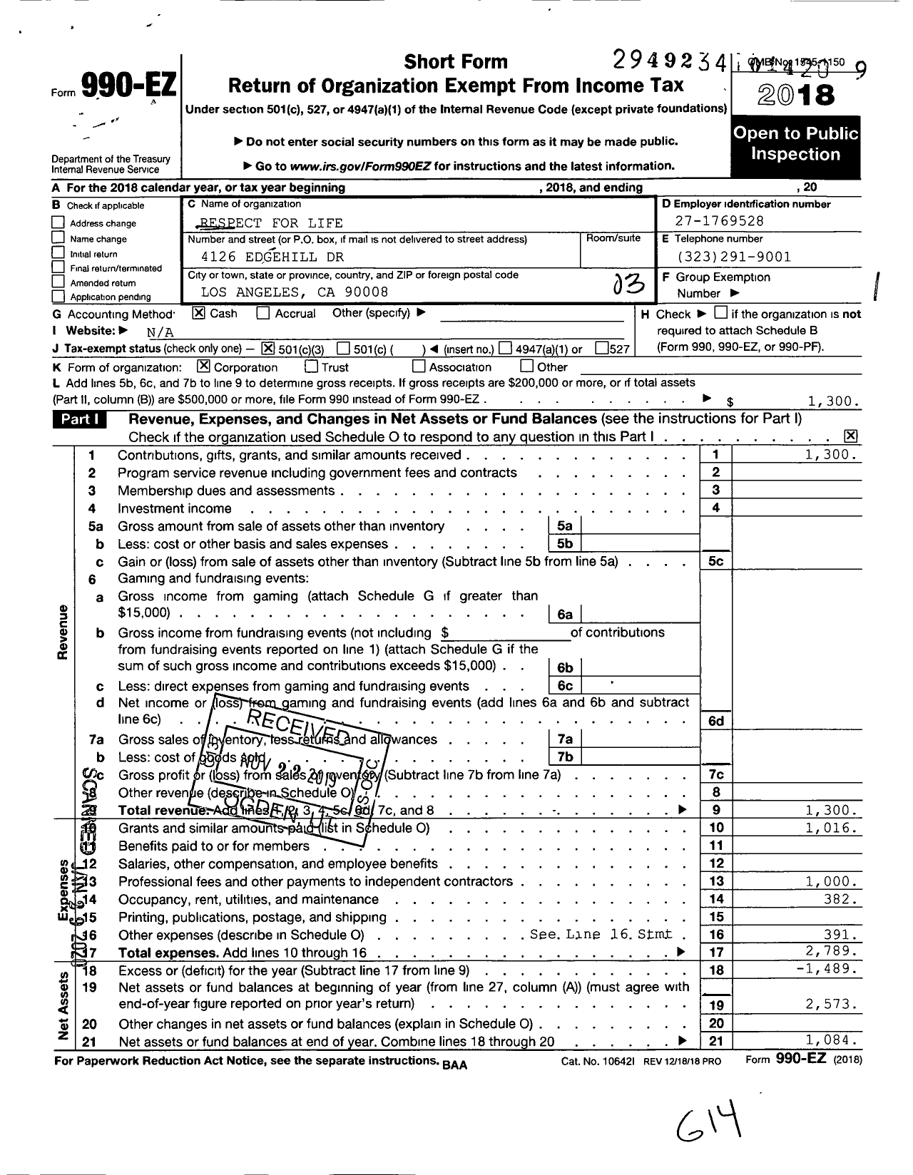 Image of first page of 2018 Form 990EZ for Respect for Life