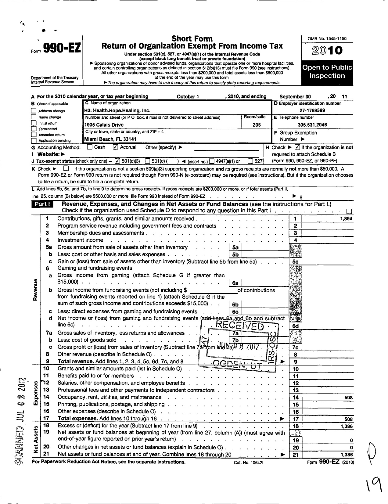 Image of first page of 2010 Form 990EZ for H3 Health Hope Healing