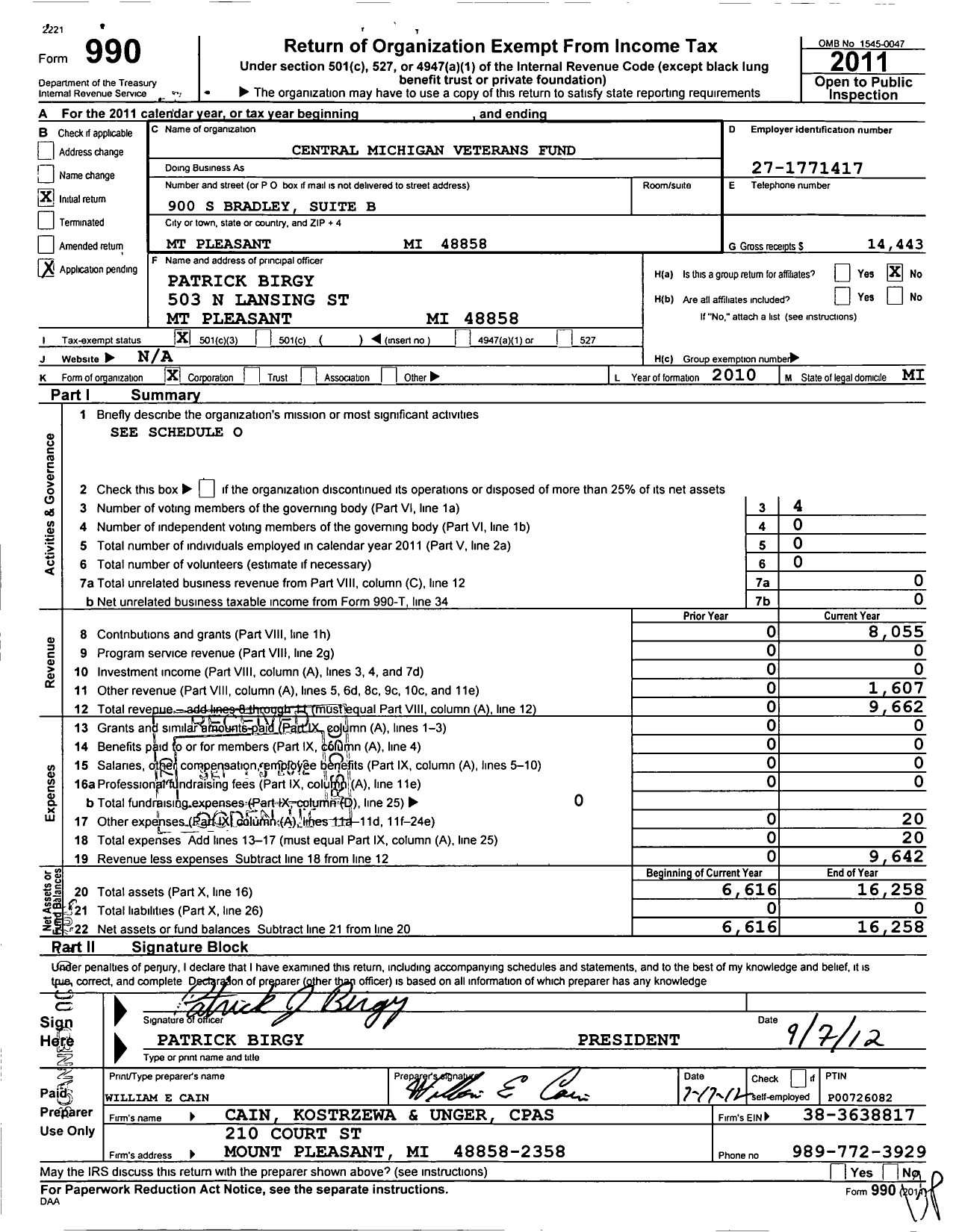 Image of first page of 2011 Form 990 for Central Michigan Veterans Fund