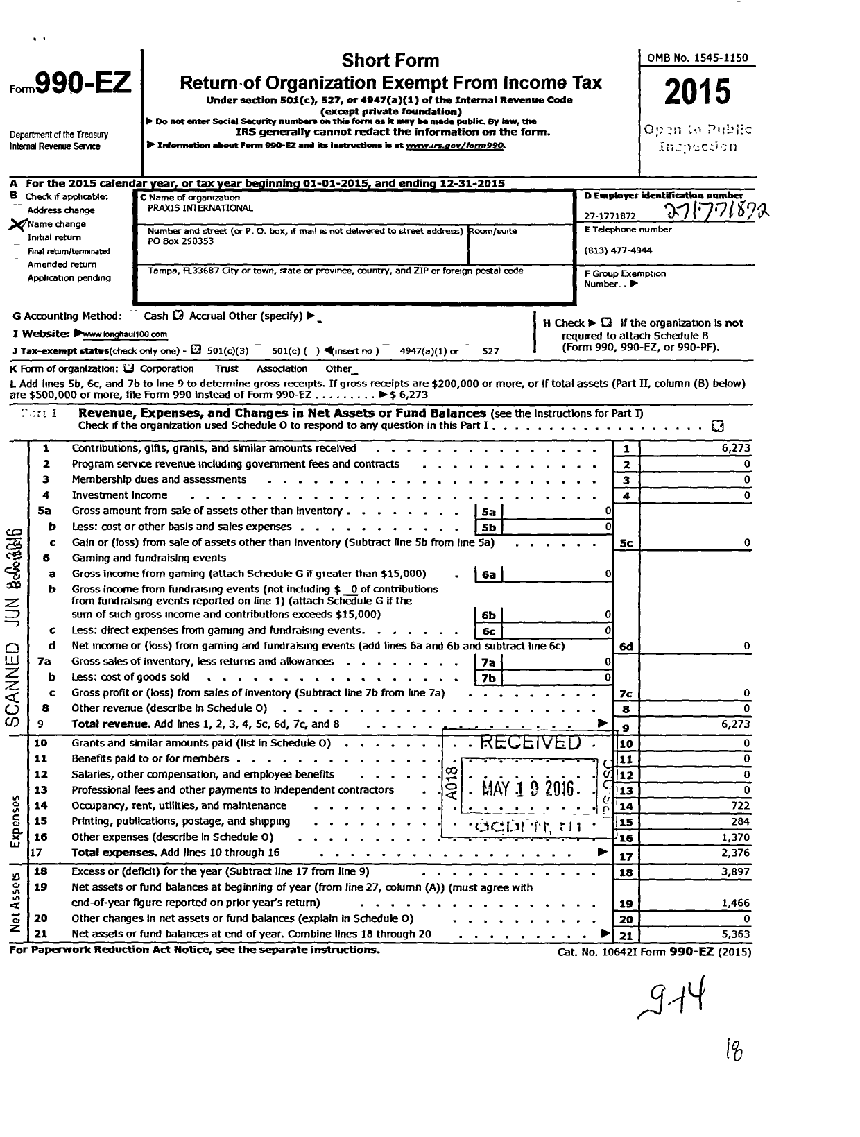 Image of first page of 2015 Form 990EZ for Praxis International