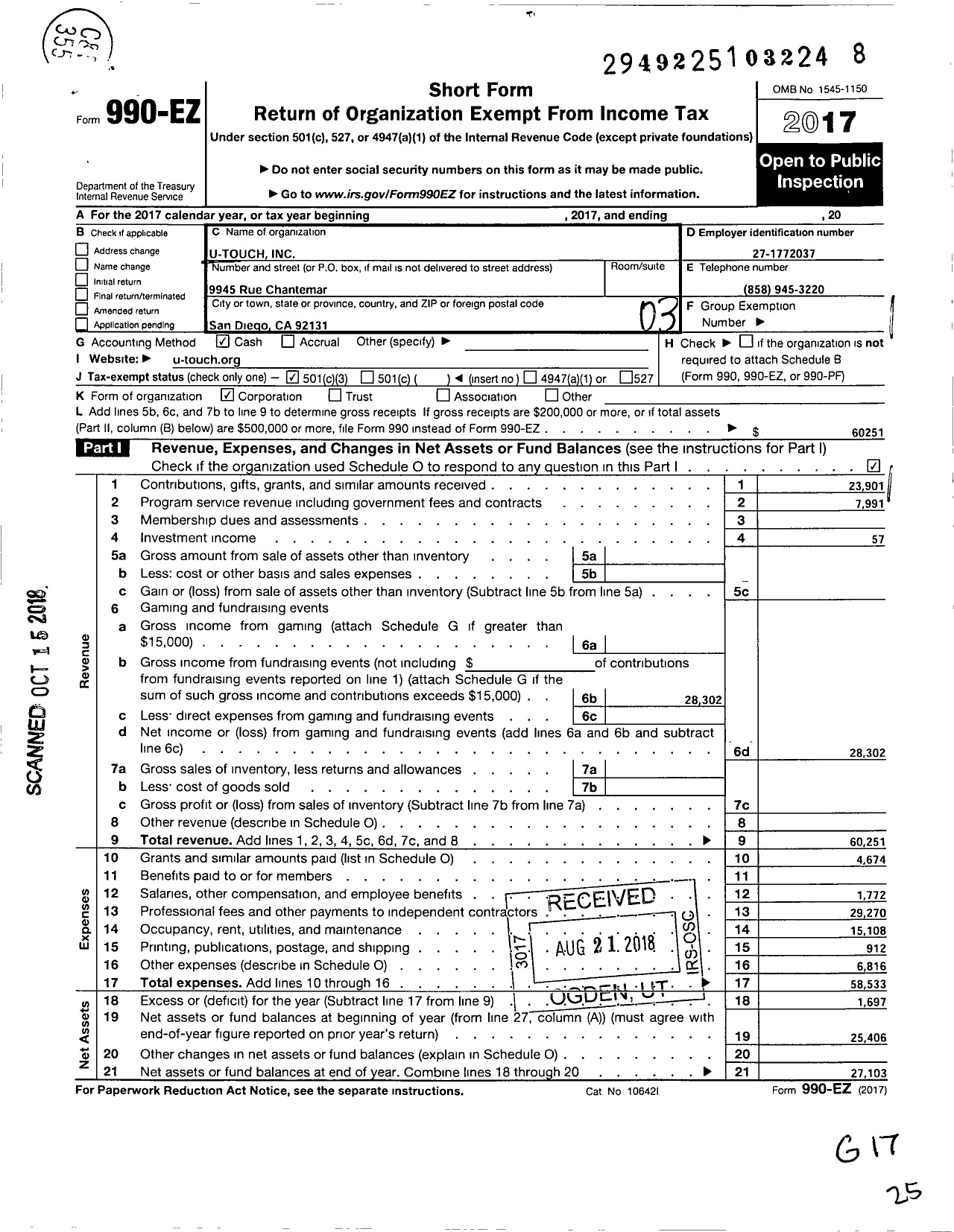 Image of first page of 2017 Form 990EZ for U-Touch