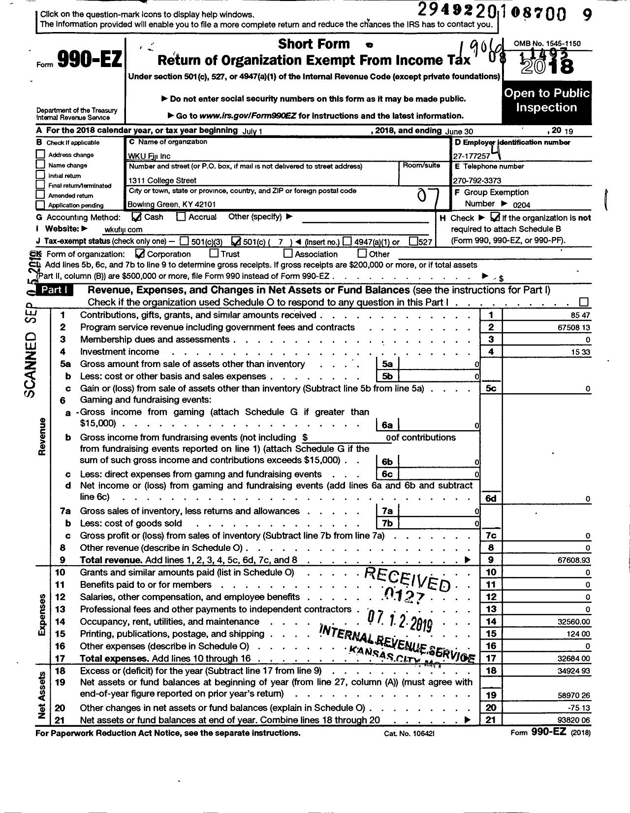 Image of first page of 2018 Form 990EO for Phi Gamma Delta Fraternity - WKU Fiji