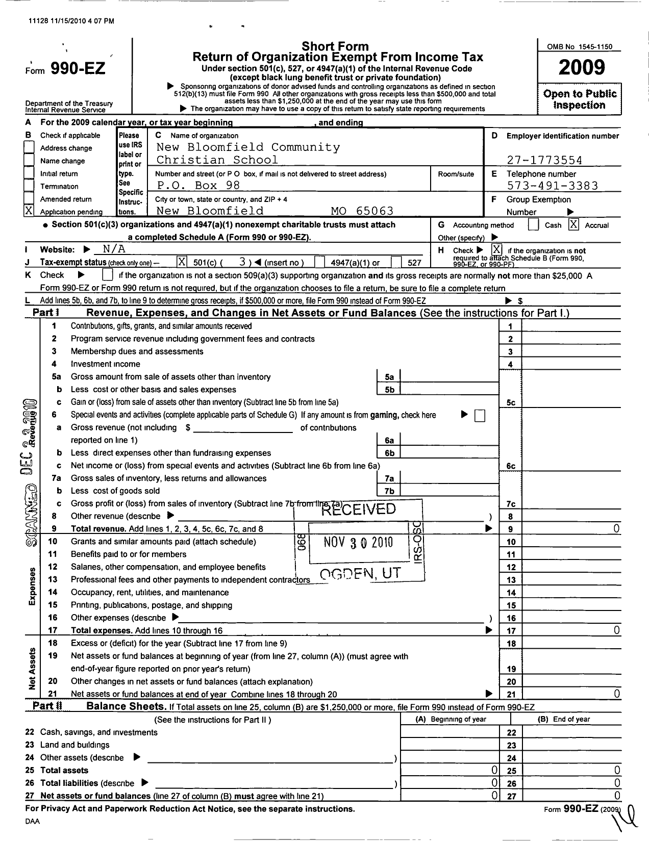 Image of first page of 2009 Form 990EZ for New Bloomfield Community Christian School