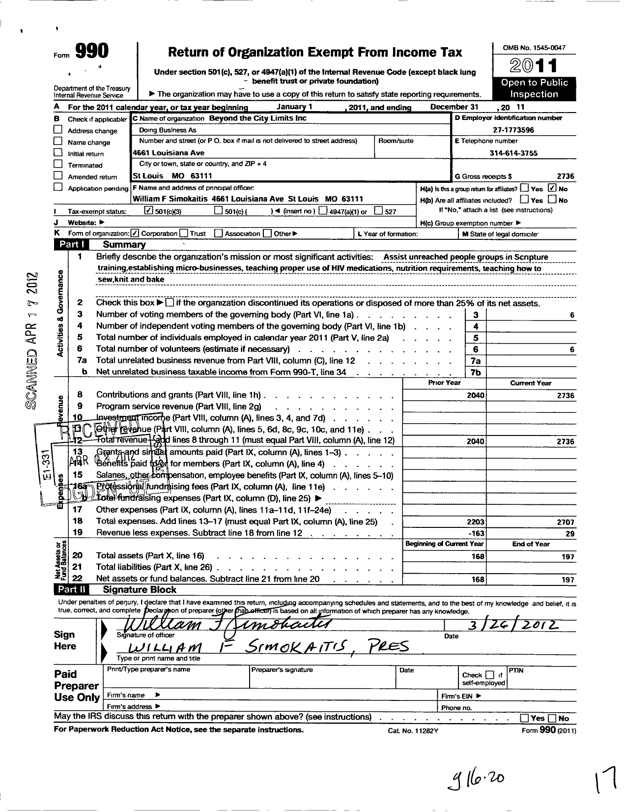 Image of first page of 2011 Form 990 for Beyond the City Limits