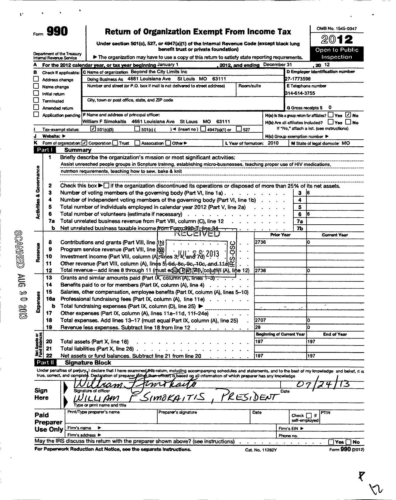 Image of first page of 2012 Form 990 for Beyond the City Limits