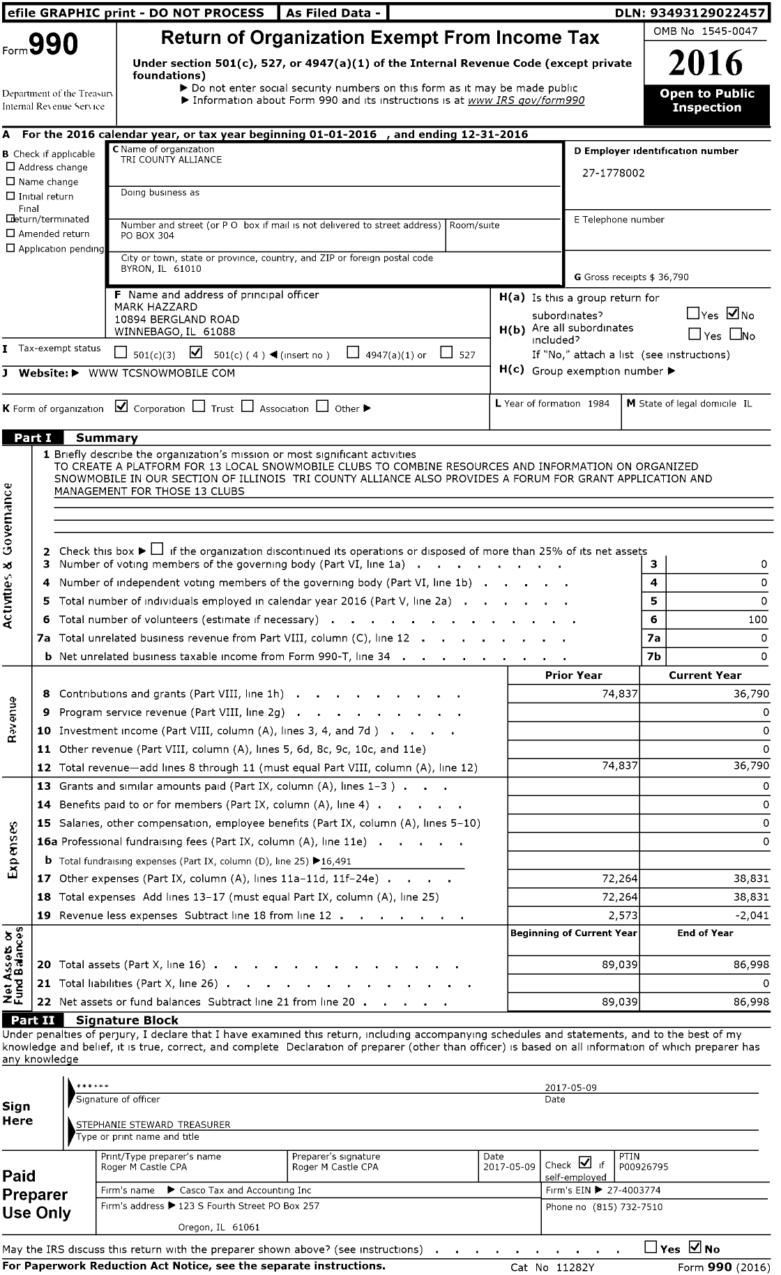 Image of first page of 2016 Form 990O for Tri County Alliance