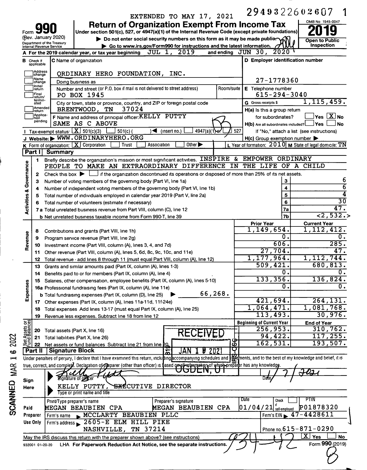 Image of first page of 2019 Form 990 for Ordinary Hero Foundation