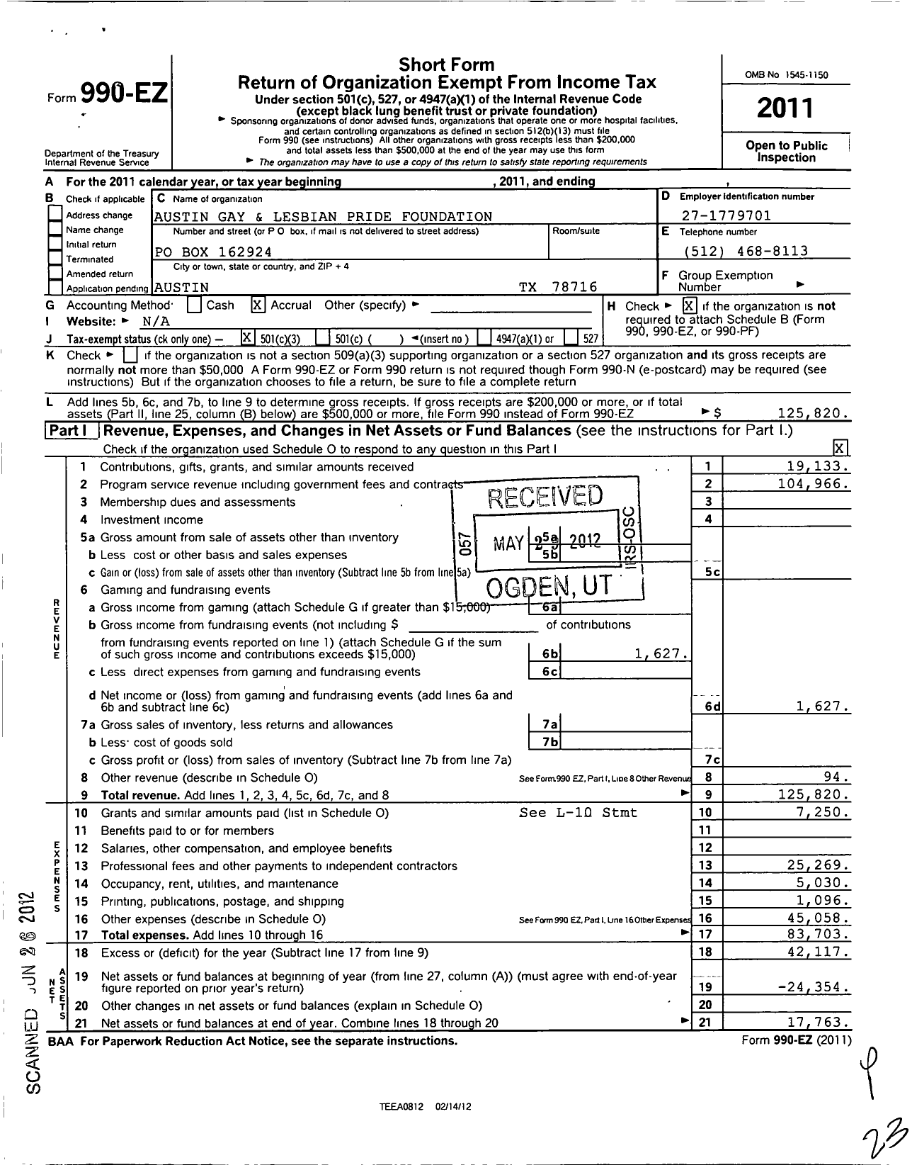 Image of first page of 2011 Form 990EZ for Austin Gay and Lesbian Pride Foundation